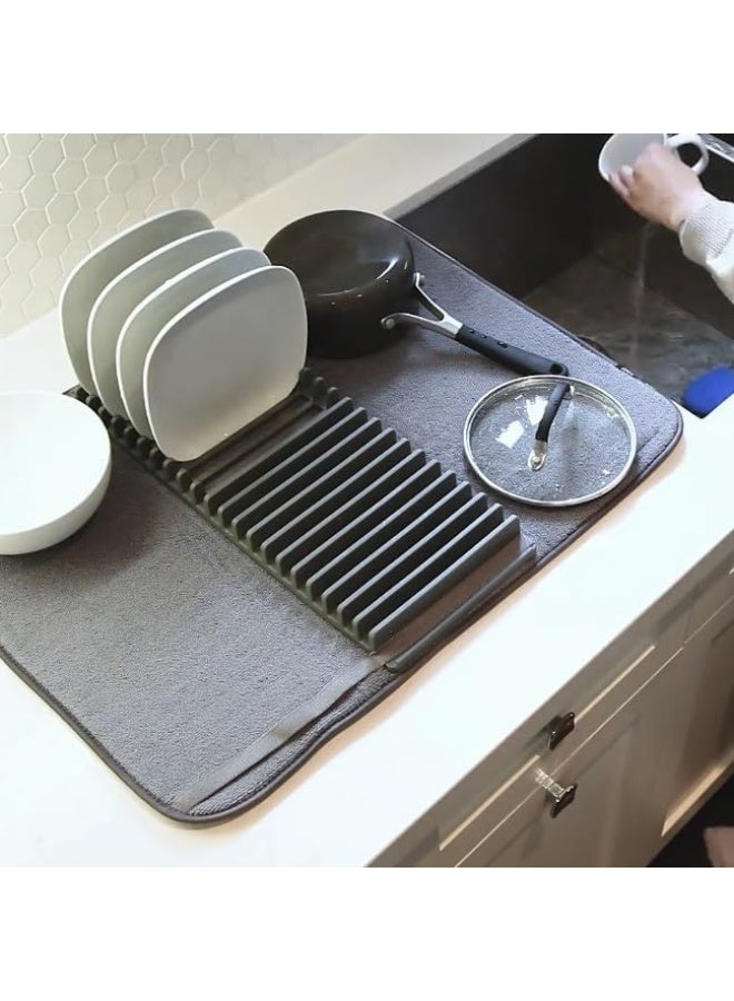 رف تجفيف أطباق مع حصيرة من الألياف الدقيقة، صينية رف أطباق قابلة للإزالة، رف تجفيف أطباق وحصيرة تجفيف لسطح المطبخ، حوض المطبخ - لتجفيف الأكواب والأوعية والأطباق - Image 3